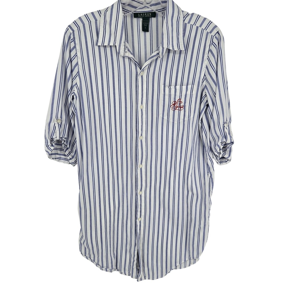 Lauren Ralph Lauren Shirt‎ Womens Small White Blue Stripe Roll Tab Button Cotton
